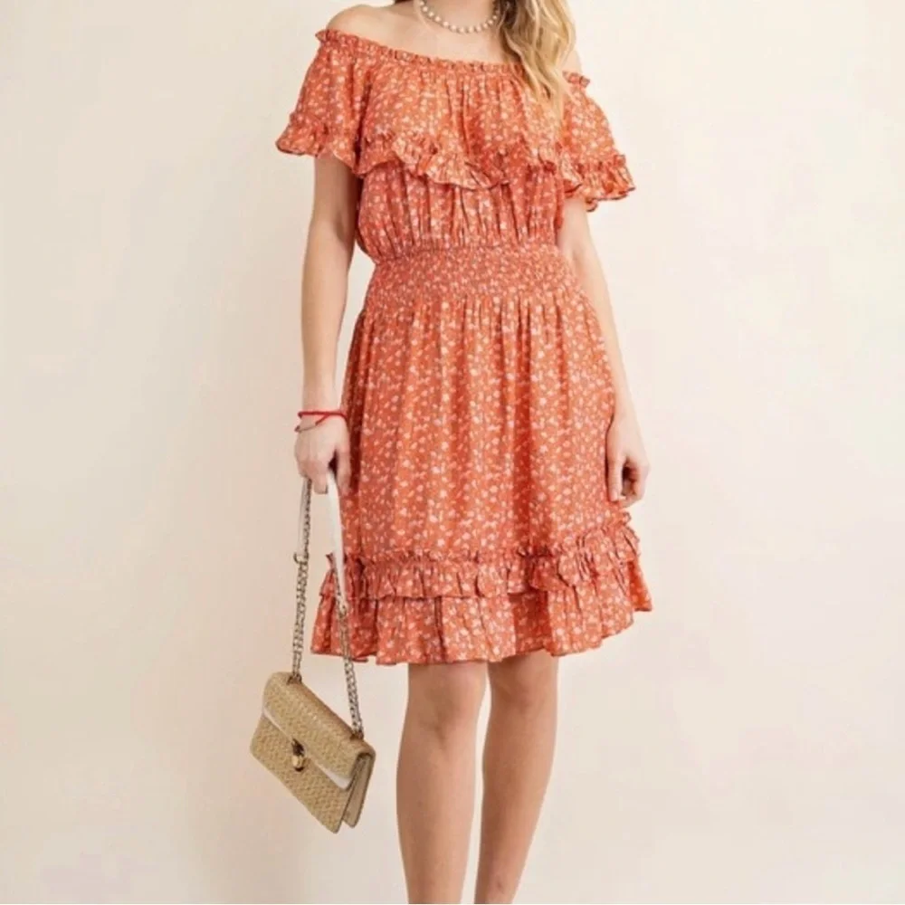 Kori‎ Floral Off Shoulder Flounce Dress Coral